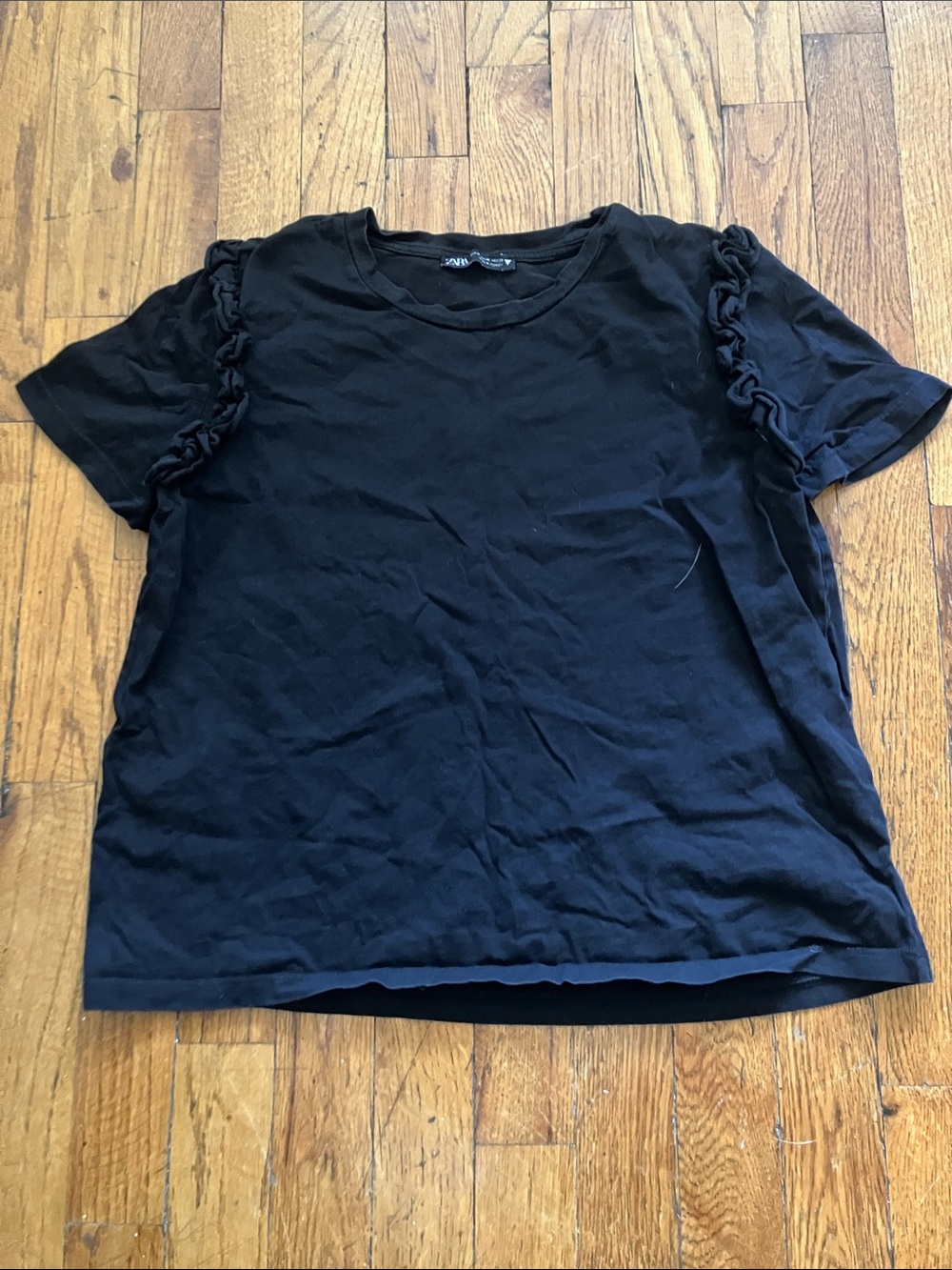 Zara Black Short Sleeve Tee with Ruffle Sleeve Detail